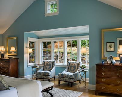 Alternate wall color option - Buxton Blue HC-149 by Benjamin Moore Bedroom Bump Out Ideas, Teal And Gold Bedroom, Dark Teal Bedroom Ideas, Dark Teal Bedroom, Jewel Tone Living Room, Bedroom Addition, Bump Out, Bedroom Traditional, Exterior Houses