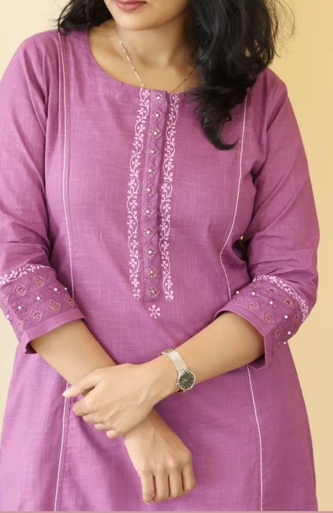 Kurti Stitching Designs, Simple Thread Work, Kurti Stitching, Girls Apron Dress, Music Banner, Plain Kurti Designs, Plain Kurti, Girls Apron, Salwar Kurti