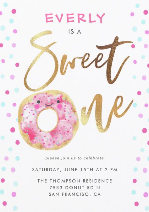 Sweet One 1st birthday party invitations for girls featuring donuts theme. First birthday party invites and ideas. afflink Two Sweet 2nd Birthday, Sweet One 1st Birthday, Donut Birthday Party Invitations, Donuts Sprinkles, Two Sweet Birthday, Girls Birthday Party Themes, Donut Birthday Parties, Second Birthday Ideas, Donut Birthday