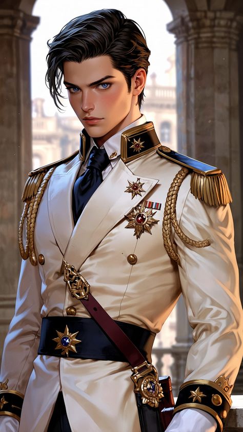 The young captain Maximilian von Nassau leads the royal guard. His loyalty is exemplary. Fantasy Guard Outfit, Fantasy Royal Guard, Royal Guard Character Design, Royal Guard Aesthetic, Royal Guard Outfit, Prince Outfits Royal, Royal Prince Outfit, Prince Uniform, Royal Guard Uniform