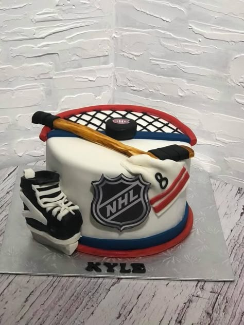 Hockey Birthday Cake For Boys, Goalie Cakes Hockey, Hockey Grooms Cake, Ice Hockey Cake Ideas, Hockey Cake Ideas Birthdays, Easy Hockey Cake, Hockey Smash Cake, Ice Hockey Birthday Cake, Hockey Themed Birthday Party Decorations