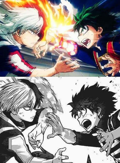 My Hero Academia - Todoroki Shouto x Midoriya Izuku - Midoriya Izuku x Todoroki Shouto - TodoMido - MidoTodo - TodoDeku Deku Vs Todoroki, Mha Midoriya, Anime Vs Manga, Manga Vs Anime, Boku No Academia, Todoroki Shouto, Midoriya Izuku, Buko No Hero Academia, Hero Academia Characters