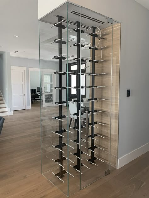 Everything to Consider when Building a Glass Wine Cellar - Builders Glass of Bonita, Inc. Wine Wall Display, Wine Cellar Wall, Wine Storage Wall, Wine Room Design, Glass Wine Cellar, Built In Wine Cooler, Wine Cellar Door, Wine Closet, Wine Rooms