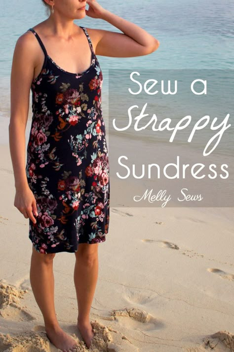 Learn to sew spaghetti strap summer dresses perfect for the heat! Please meet my newest favorite sundress. Made in a rayon blend knit, this dress is secret summer pajamas – in fact, it would actually make a good nightgown if I slept in nightgowns (I’m a tank and shorts girl myself). This dress is actually a Read the Rest... Spaghetti Strap Dress Pattern, Strap Dress Pattern, Summer Dresses Diy, Melly Sews, Sundress Pattern, Spaghetti Strap Summer Dress, How To Make Spaghetti, Summer Tank Dress, Summer Dress Patterns