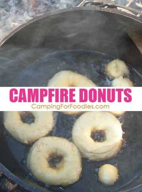 Campfire Donuts Dutch Oven Camping Recipe Camping Desserts Easy, Camp Stove Recipes, Dutch Oven Breakfast, Desserts Easy Recipes, Camping Dessert Recipes, Dutch Oven Camping Recipes, Canned Biscuit, Breakfast Desserts, Camping Foods