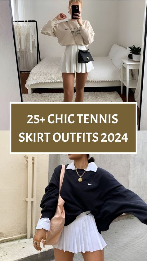 25+ Chic Tennis Skirt Outfits 2024 Active Cute Outfits, Top Golf Outfit Ideas, Athletic Pleated Skirt Outfit, Tennis Skirt And Tights Outfit, Sweater And Tennis Skirt Outfit, Styling A Tennis Dress, Lululemon Align Skirt Outfit, Skirt Tennis Shoes Outfits, Tennis Skirt Sweater Outfit