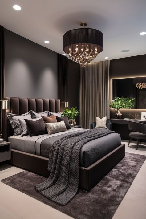 A plush upholstered headboard, layered bedding with textured throws, and minimalist furniture with clean lines create a sophisticated look.  Home bedroom refresh. #HomeBedroomRefresh #LuxuryBedroom #DarkPalette #ModernBedroom #ElegantDesign #SophisticatedInteriors #HomeStyling #MinimalistFurniture #AmbientLighting #CozyNook #StatementWall #BedroomInspo #NaturalMaterials #InteriorDesign #LuxeDecor #BedroomIdeas #SleekFurniture #HomeMakeover #PersonalizedDecor #StylishLiving Luxurious Bedrooms Classy, Modern Luxurious Bedrooms Classy, Black And Beige Bedroom Ideas, Black And Beige Bedroom, Black Tufted Headboard, Luxury Black Bedroom, Beige Bedroom Design, Mirrored Nightstands, Modern Black Bedroom