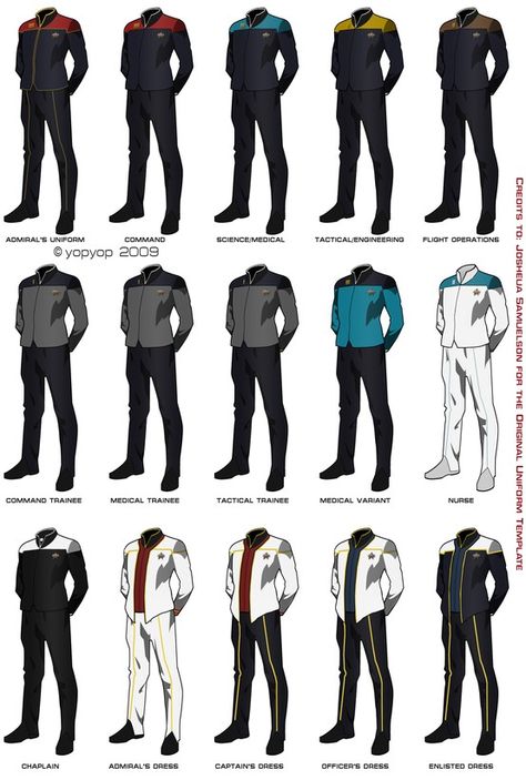 Star Trek uniforms I intend to make every singe one of the medicine related ones... Star Trek Armor, Space Uniform, Military Outfits, Sci Fi Uniform, Pilot Party, Trek Deck, Soldier Design, Dandy Highwayman, Manga Reference