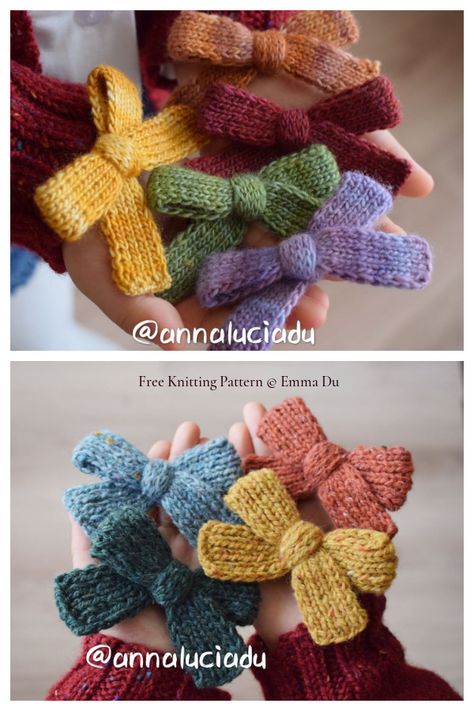 Cute and Easy Hair Bow Knitting Patterns: Free and Paid Knitted Keyring Free Pattern, Free Small Knitting Patterns, Cute Small Knitting Projects, Short Knitting Projects, Bookmark Knitting Pattern Free, Knit Hair Bow Free Pattern, Knitted Bow Pattern, Trending Knitting Projects, Disney Knitting Patterns Free