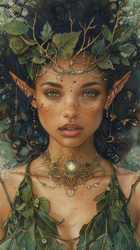 Mythical Creatures Aesthetic, Element Fairies, Fairy With Horns, Nymph Costume Ideas, Fairy Art Aesthetic, Mythical Forest Creatures, Faerie Drawing, Fae Woman, Book Character Art