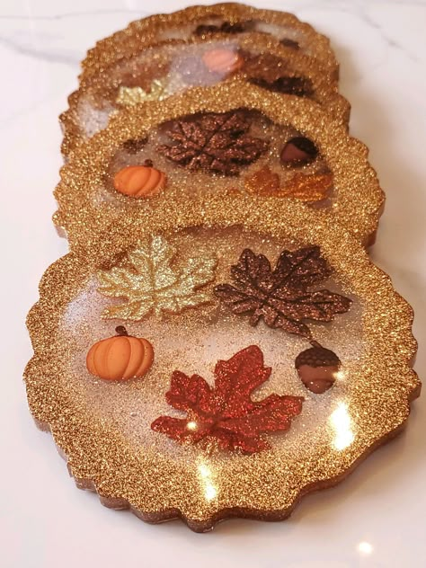 Fall Festive Resin Coasters - Etsy Resin Unique Products, Autumn Resin Art, Halloween Resin Ideas, Fall Resin Ideas, Christmas Resin Coasters, Unique Resin Ideas, Resin Coasters Ideas, Honeycomb Coasters, Resin Gems