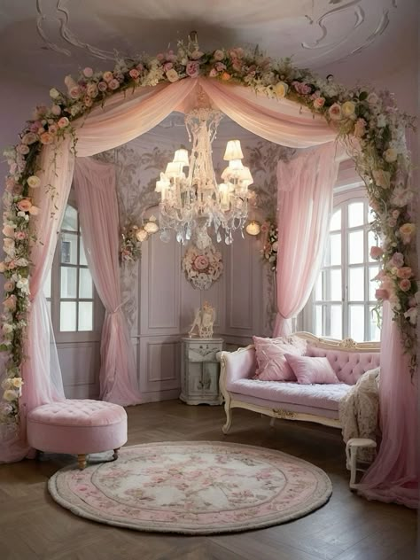 Princess Core Living Room, Pink Princess Aesthetic Bedroom, Mollie Core, Heaven Bedroom, Princesscore Room, Pink Victorian Aesthetic Bedroom, Princess Apartment, Fairycore Bedroom Pink, Pink Castle Interior