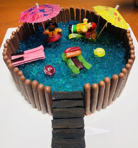 Womens Weekly Kids Birthday Cakes, Jelly Pool Cake, Swimming Pool Birthday Cake, Swimming Cake Ideas, Pool Cake For Kids, Pool Party Cake Ideas Boys, Jelly Cake Birthday, Swimming Pool Cake Ideas, Pool Party Cake Ideas