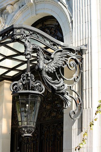 Beautiful griffon iron lantern door guardian Iron Awning, American Beauty Rose, Exterior House Doors, Stanford White, Rosecliff Mansion, James Graham, Medieval Steampunk, True Lies, Harry Houdini