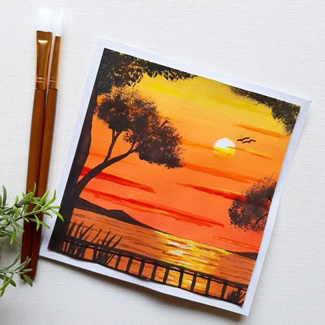 Beautiful Nature Drawing Painting, Sunset Mini Painting, Sunset Gouache Painting, Beautiful Sunset Paintings, Beautiful Nature Drawings, Cute Aesthetic Sketches, Cute Sunset Paintings, Watercolor Art Sunset, Nature Watercolor Paintings