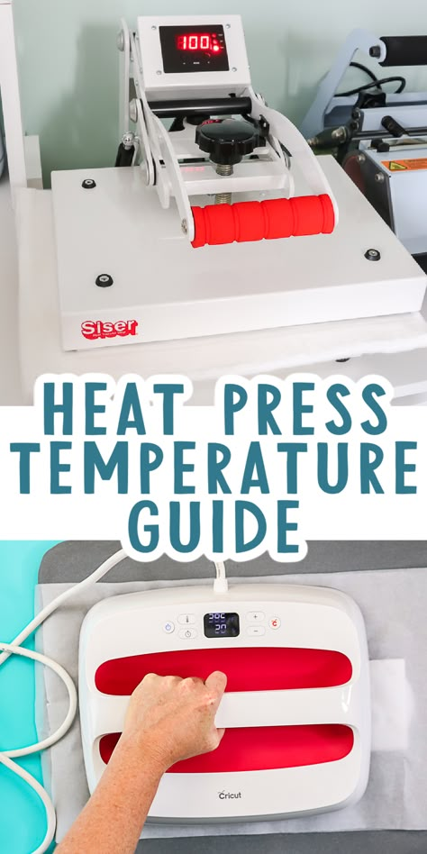 Use this heat press temperature guide to find the right temperature and time for sublimation as well as HTV. You will love how your craft projects turn out! #sublimation #heatpress #htv Heat Press Cheat Sheet, Sublimation Heat Press Time, Best T Shirt Heat Press, Circuit Heat Press Settings, Htv On Polyester Heat Press, Heat Press Temperature Guide For Vinyl, How To Heat Press Sublimation Transfers, Htv Temperature Guide For Heat Press, How To Press Sublimation Transfers