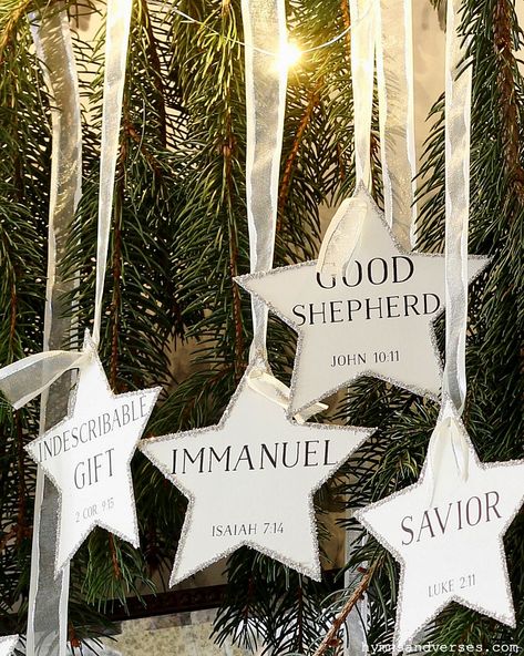 Printable Star Ornaments with the Names of Jesus and Scripture references. Use as a Countdown to Christmas or as part of Advent. #hymnsandverses #advent #countdowntochristmas #christmascountdown #starornament #starornaments #printable #printableornaments #printables #pinebranch #christmasprintable #diyornament #christmasdecor Advent Christmas Decorations, Christmas Tree Ideas Christian, Names Of God Christmas Tree, Ward Christmas Gift Ideas, Star Themed Christmas Decorations, Christian Christmas Decorations Home, Manger To The Cross Christmas, Nativity Theme Christmas Tree, Scripture Christmas Ornaments