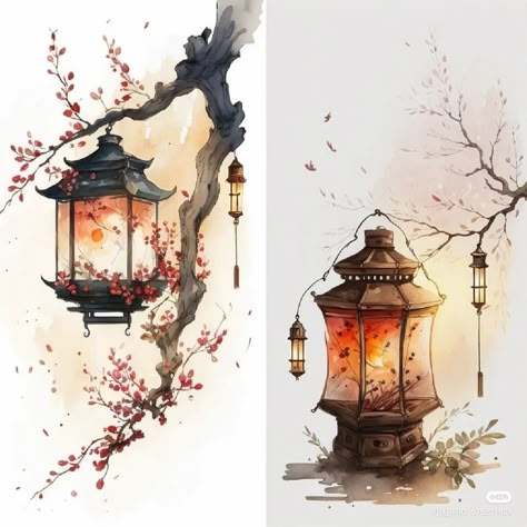 Asian Watercolor Paintings, Japanese Lanterns Drawing, Lantern Watercolor Painting, Watercolor Japanese Art, Japan Watercolor, Cool Ear Tattoos, Lantern Painting, Ear Tattoo Ideas, Watercolor Paintings Nature