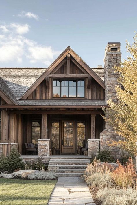 Mountain house front facade with rustic wood siding front porch with stone columns and stone chimney front doors with glass panels imposing mountain in the background. Check out all of these amazing modern rustic mountain houses to blend natural charm with contemporary flair. Stone Wooden House, Rustic Cabin Siding Ideas, Rustic House Siding Ideas Exterior, Rustic Craftsman Exterior, Montana House Exterior, Rustic Farmhouse Exterior Country Houses, Mountain Ranch Home Exterior, Rustic Exterior Design, Rustic Modern Front Door