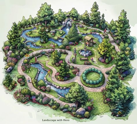 Midjourney AI Image: A map of the "Landscape with Hens" theme park, featuring lush greenery and colorful flowers, winding... → more in ai-img-gen.com Theme Park Map, Whimsical Landscape, Cartoon Map, Inspirational Digital Art, Planet Coaster, Park Landscape, Classic Cartoon Characters, Small Waterfall, Red Roof