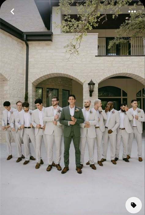 Mens Sage Green Wedding, Green Groom Tan Groomsmen, Groomsmen Open Collar, Emerald Green And Tan Groomsmen Attire, Green And Tan Suit Wedding, Sage Green Country Wedding Groomsmen, Green Wedding Suit Groom And Groomsmen, Khaki And Sage Groomsmen, Groomsman Green Suit