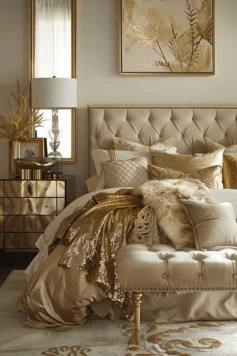 Beige And Gold Bedroom, White Gold Bedroom, Bedroom Ideas Interior Design, Luxury Dorm Room, Beautiful Dorm Room, Gold Bedroom Decor, Decorating Ideas Bedroom, Gold Room, Gold Rooms