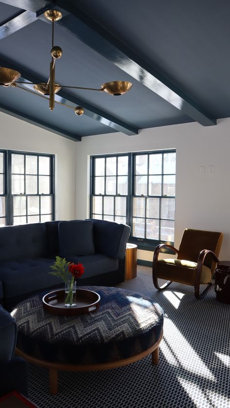 Painted Pitched Ceiling, Paint Beams Ceiling, Basement With Dark Ceiling, Navy Blue Ceiling Living Room, Dark Ceiling With Beams, Midnight Blue Ceiling, Dark Vaulted Ceiling, Painted Vaulted Ceiling Bedroom, Blue Ceiling Living Room