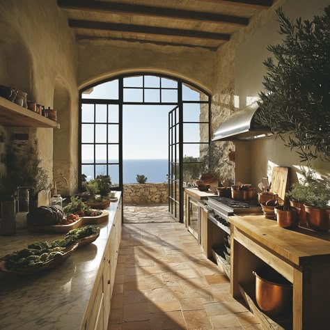 Bring a touch of the Mediterranean into your home with this villa-inspired kitchen! Terracotta tiles, wooden beams, and warm tones make every meal feel like a vacation. #MediterraneanKitchen #CoastalLiving Spanish Villa Home Kitchen, Italian Aesthetic House Interior, Italian Villa Aesthetic Kitchen, Italy Aesthetic Interior, Italian Houses Aesthetic, Italian Inspired Interior Design, Mediterranean House Kitchen, Medditeranean Style Kitchen, Mediteranean Houses Interior Decor