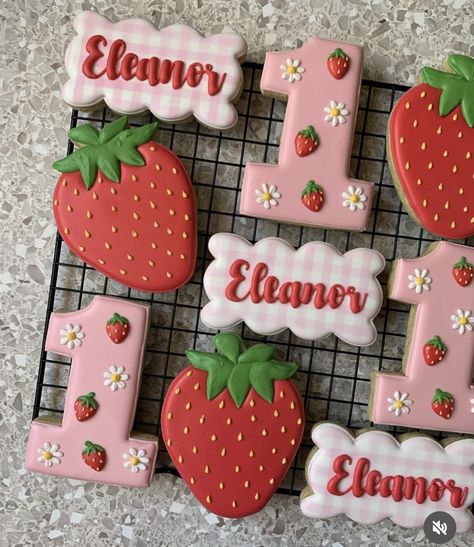 Strawberry 1st Birthday Party Cake, Strawberry Shortcake Treats Table, Strawberry Shortcake Second Birthday, 2nd Birthday Strawberry Theme, Strawberry Bday Theme, 1st Birthday Girl Berry Theme, Berry First Birthday Treats, Strawberry Birthday Cookies, Berry First Birthday Cupcakes