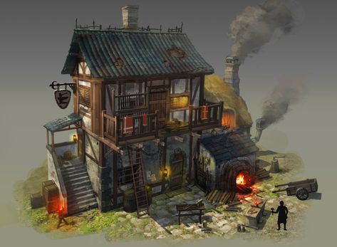 Minecraft Medieval Blacksmith, Medieval House Concept, Medieval Blacksmith, Minecraft Medieval House, Blacksmith Workshop, Disneysea Tokyo, Medieval House, House Concept, Fantasy Town