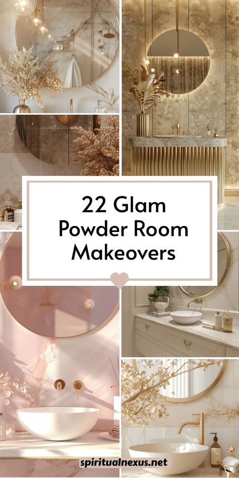 Make your powder room a showstopper with these 22 glam makeover ideas. Rich textures, bold patterns, and sparkling accessories will take your space from basic to breathtaking. #GlamBathroom #PowderRoomRefresh #InteriorDesign Gorgeous Powder Room Ideas, Luxury Downstairs Toilet Ideas, Powder Room Ideas Tile Wall, Feminine Guest Bathroom, White And Gold Guest Bathroom, Beautiful Bathroom Mirrors, Sophisticated Powder Room, Zen Powder Room Ideas, Modern Small Half Bathroom Ideas