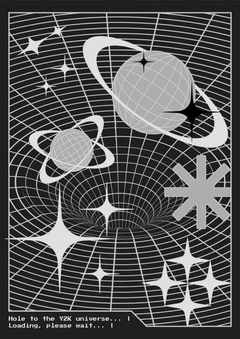 Trendy Y2K poster with 3d vector tunnel, planets, symbols and stars. Vertical banner in 2000s vintage aesthetic. Black N White Posters, Planets Symbols, Y2k Poster Design, Y2k Doodles, Y2k Logo Design, 3d Tunnel, Y2k Poster, Vertical Banner, Y2k Room