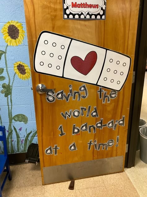 School Clinic Door Decorations, School Nurse Office Door Decoration, Surgery Bulletin Board Ideas, Nurse Appreciation Door Decorations, Nurse Office Door Ideas, School Health Room Decor Nurse Office, School Nurse Door Decoration Christmas, School Nurse Clinic Decor, School Nurse Decor