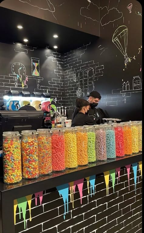 Snacks Shop Design, Snack Store Design, Snack Shop Design, Ice Cream Store Design, Ice Cream Shop Aesthetic, Ice Cream Shop Design, Cereal Cafe, Candy Store Design, Juice Bar Design