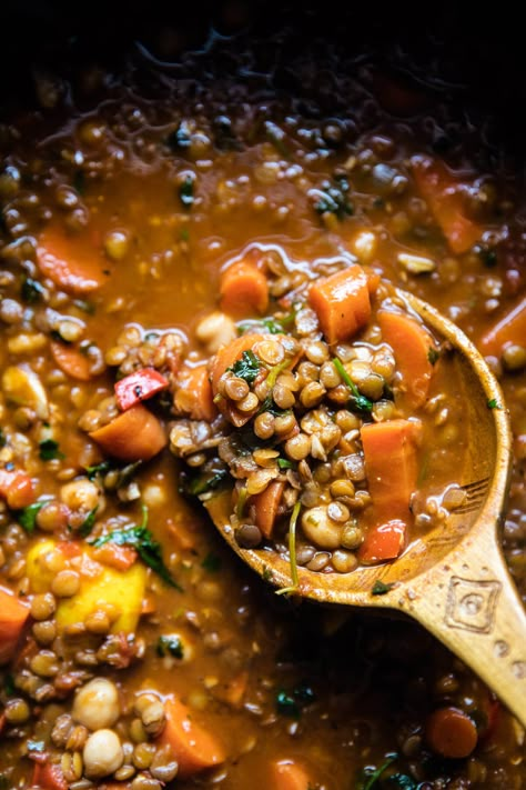 Crockpot Moroccan Lentil and Chickpea Soup | halfbakedharvest.com @hbharvest Lentil And Chickpea Soup, Lentil And Chickpea, Moroccan Lentil, Chickpea Soup, India Food, Moroccan Food, Vegan Soups, Lentil Recipes, Half Baked Harvest