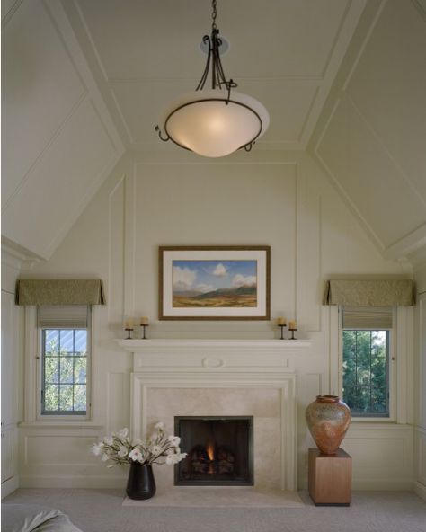 Vaulted paneled ceiling with a flat top Vaulted Ceiling Trim, Ceiling Molding Ideas, Cathedral Ceiling Living Room, Vaulted Ceiling Bedroom, Vaulted Ceiling Ideas, Vaulted Master, Vaulted Ceiling Lighting, Vaulted Ceiling Living Room, Ceiling Trim