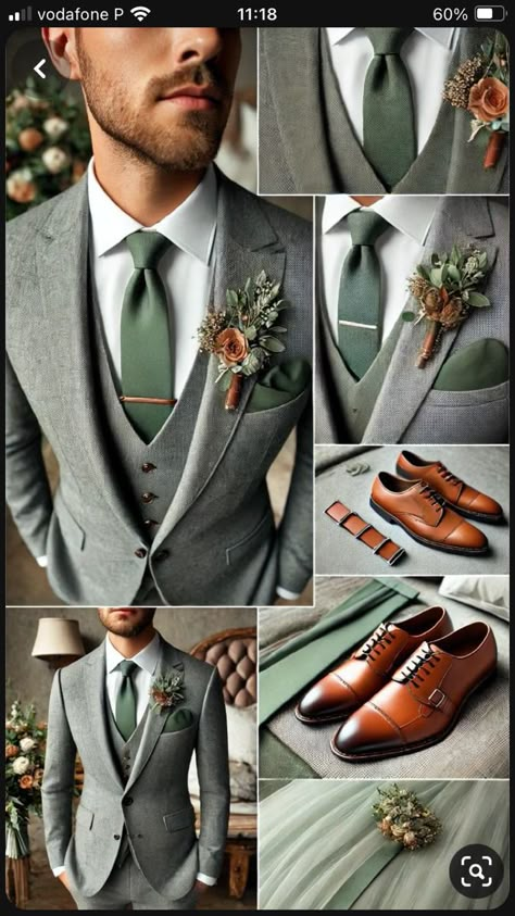 Green Groom Suit Grey Groomsmen, Gray And Green Groomsmen Attire, Green Tan Wedding Theme, Wedding Suit Inspo Men, Sage And Tan Groomsmen, Khaki And Sage Wedding, Grey Suit Olive Green Tie, Eucalyptus Wedding Groom, Dark Grey Suit Green Tie Wedding