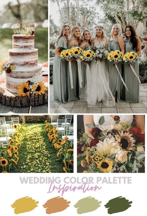 Sunflower Color Palette Wedding Ideas, Sunflower Wedding Colour Palettes, Wedding Colours With Sunflowers, Sunflower Color Scheme Wedding, Sunflower Yellow Wedding Theme, Rustic Yellow Wedding Theme, Sun Flower Theme Wedding, Wedding Color Palette Sunflower, Wedding Color Yellow Schemes