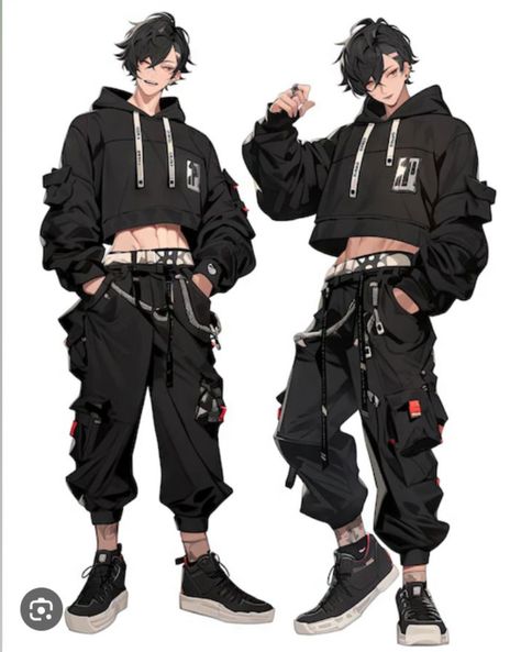 Clothing Ideas Sketch, Techwear Outfits Drawing, Delinquent Outfit Male, Goth Scientist, Dynamic Poses Reference Drawing Men, Dabi Outfit Ideas, Arcane Style Clothes, Anime Clothing Reference, Male Cyberpunk Outfit