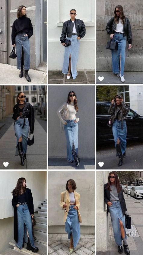 Demin Skirt Outfit, Long Denim Skirt Outfit, Skirt Outfit Fall, Rok Outfit, Jean Skirt Outfits, Long Jean Skirt, Skirt Outfits Fall, Denim Skirt Outfits, Long Skirt Outfits