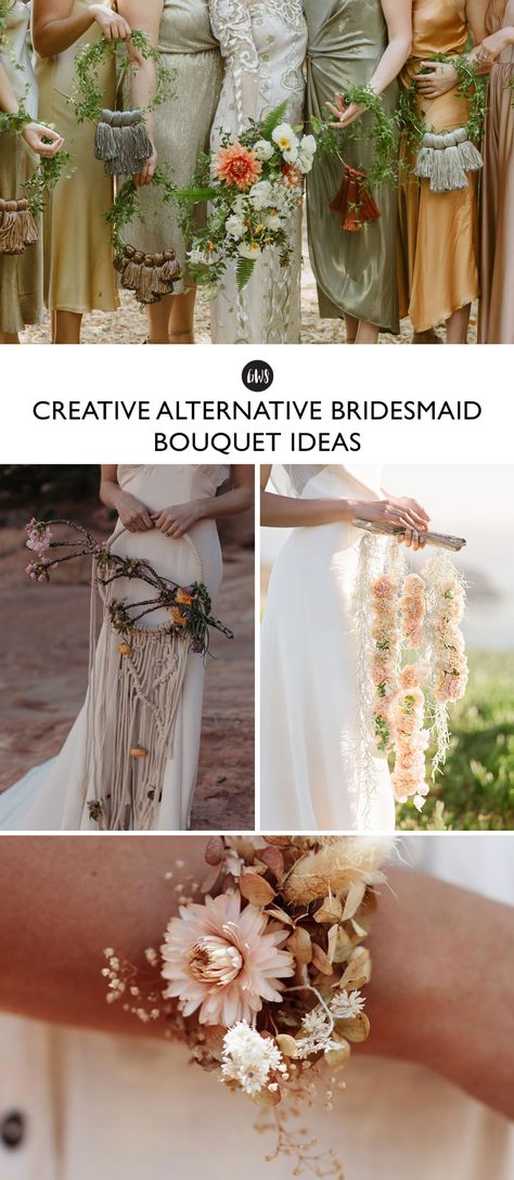 These Fun Alternative Bridesmaids Bouquet Ideas Will Spark Your Creativity! | Green Wedding Shoes Wedding Bouquet Without Flowers, Bridesmaid Flower Ring Bouquet, Flower Alternatives Bridesmaids, Unconventional Bouquet Wedding, Ring Bouquets For Bridesmaids, Bridesmaid Bouquet Alternatives Fall, Alternate Bridesmaid Bouquet Ideas, Bridesmaid Book Bouquet, Bridesmaid Carrying Ideas Unique