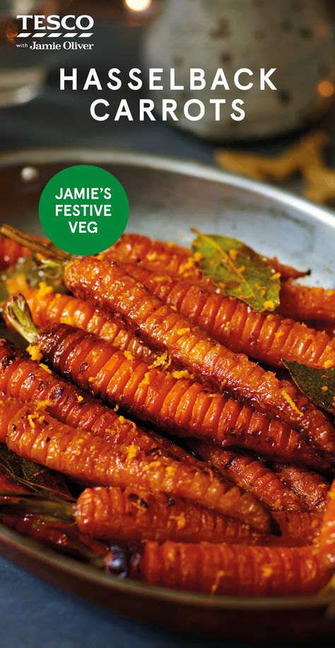 Jamie Oliver says, "Supercharged with honey, garlic and bay, these caramelised hasselbacks are not your everyday carrot. Glossy, gorgeous, and a total joy to eat." Carrot Recipes Side Dishes, Carrots Recipe, Tesco Real Food, Thanksgiving Menu Ideas, Carrot Recipes, Veggie Side Dishes, Vegetable Side, Thanksgiving Menu, Honey Garlic