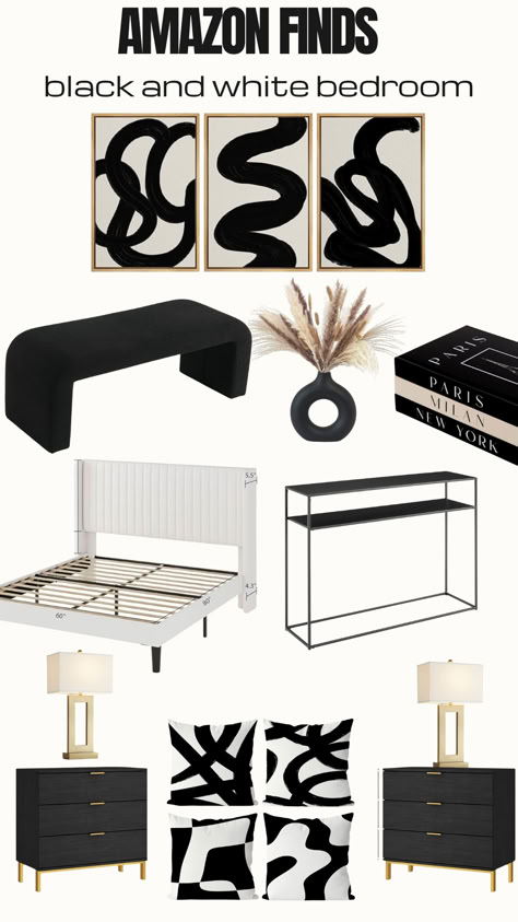 Amazon finds, black and white bedroom inspo  # ad #homedecor #blackandwhite #adultbedroom #decor #amazonhome #homefinds #bedroominspo Black Room Accents, Room Decor Ideas Black And Gray, Black White Room Decor, Black And Silver Room Ideas, Black White Tan Gold Bedroom, Bedroom Decor Ideas Black And White, Off White And Black Bedroom Ideas, Room Ideas With Black Bed, Black Silver And White Bedroom