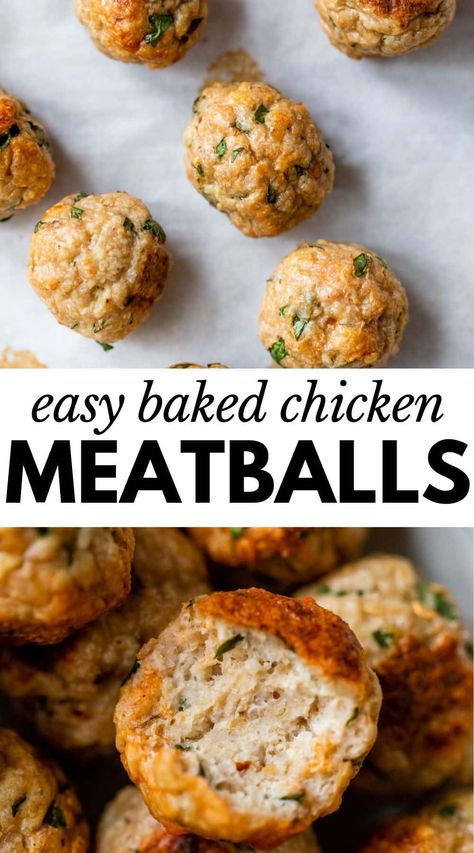 These Baked Chicken Meatballs are made with minimal ingredients and are bursting with irresistible Italian flavor. They’re delicious served on their own or covered in sauce on top of pasta. Chicken Meatballs And Pasta Healthy, Chicken Meatballs Oven Baked, Chicken Cheese Meatballs, Chicken Broccoli Meatballs, Minimal Ingredient Healthy Recipes, Chicken Spinach Meatballs Baked, Chicken Meatballs With Veggies, Simple Chicken Meatballs, Chicken And Veggie Meatballs