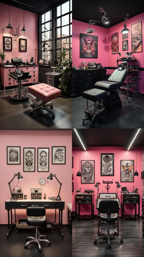 Tattoo Salon Design Ideas, Tattoo Shop Setup, Girly Tattoo Shop Decor, Couple Tattoos Long Distance, Tattoo Studio Interior Design Ideas, Pink And Black Salon Ideas, Home Tattoo Studio Ideas, Tattoo Shop Ideas Decor, Tattoo Set Up Station