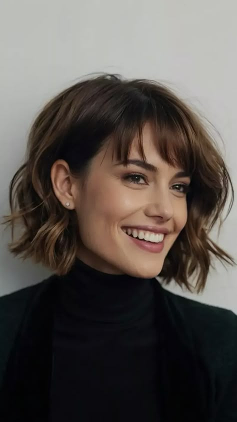 Medium Length Haircut Bangs Round Faces, Short Bob With Bangs Hairstyles, Short Bob Cut With Bangs, Bob With Bangs Round Face, Short Hair Ideas For Women, Short Hairstyle Women Round Face, Women With Round Faces, Hair Ideas For Women, Short Hair Fringe