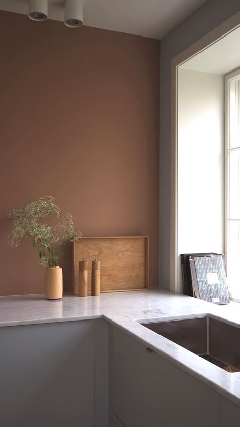 a minimalist kitchen with terracotta walls, sleek grey cabinets, a white stone countertop and some wood accessories Terracotta Kitchen, Terracotta Walls, Organize Kitchen, Kitchens Ideas, Home Remodeling Diy, Interior Luxury, 아파트 인테리어, Luxury Homes Interior, Design Del Prodotto