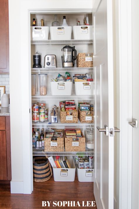 Pantry Organization Ideas For Small Appliances, Closetmaid Pantry Ideas, Bifold Pantry Organization, Small Reach In Pantry Design, Wire Rack Pantry Organization Ideas, Soda Storage Pantry, Shallow Pantry Organization, Double Door Pantry Organization, Pantry Organization On A Budget