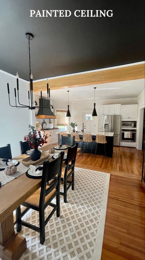 I Black Ceiling Dining Room Ideas, Dining Room Black Ceiling, Black Dining Room Ceiling, Dark Ceiling Dining Room, Black Ceiling Dining Room, Painted Ceiling Dining Room, Black Ceiling Kitchen, Black Painted Ceiling, Small Bathroom Update