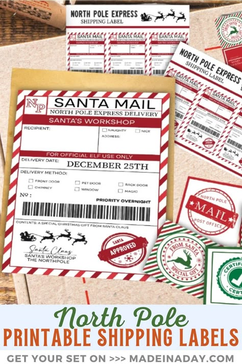 Give packages straight from Santas workshop with our Printable North Pole Shipping Labels. These fun labels will add holiday magic to your shipments and gifts! Free printable north pole shipping shipping label from santa, free printable santa shipping label, free printable north pole shipping labels, north pole mailing label North Pole Decorations, Reindeer In Here, Santa Free Printable, Santa Label, North Pole Sign, Printable Tags Template, Santa Letters, Santa Mail, Santa North Pole